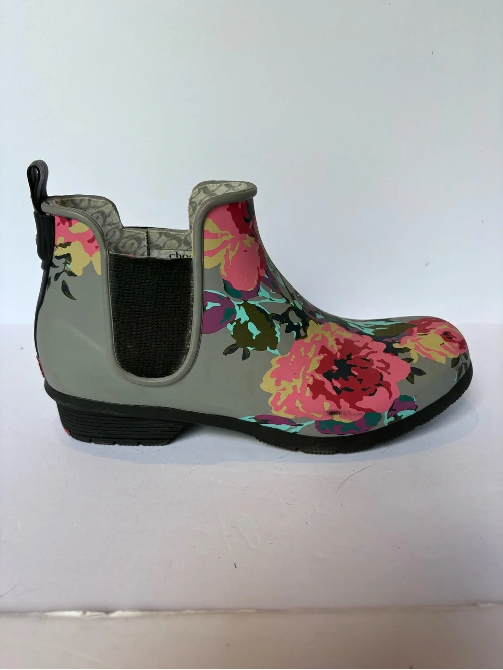 Chooka Women's Floral Rain Chelsea Booties - Gray with Pink Multi Accents Size 9